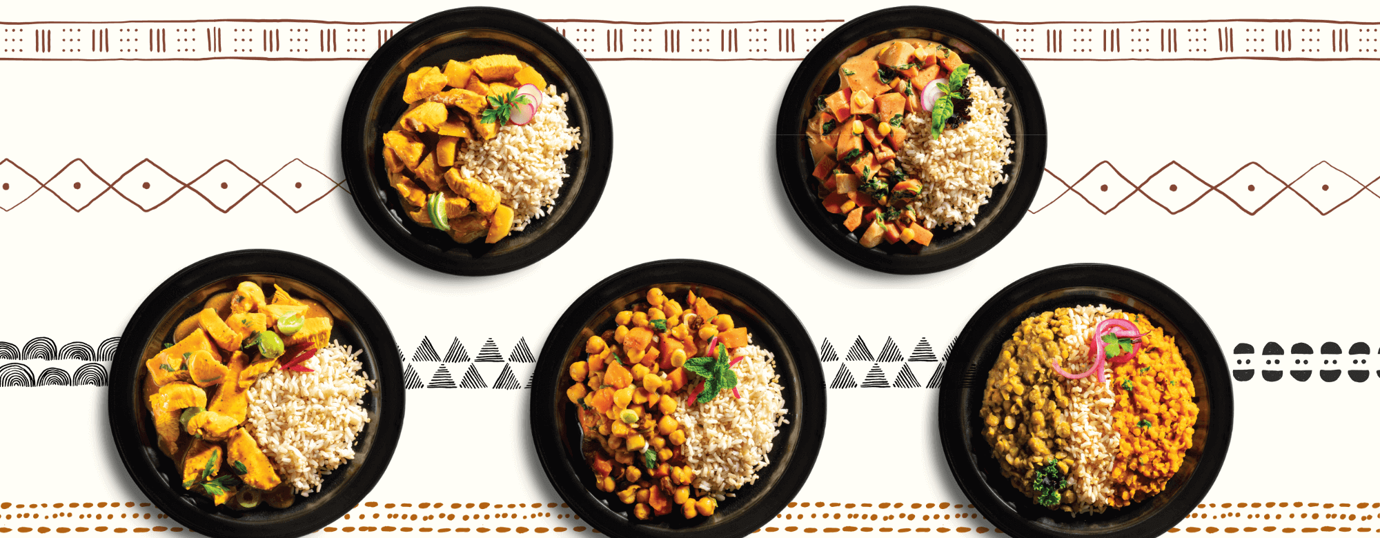 African-inspired plated foods on a colorful patterned background