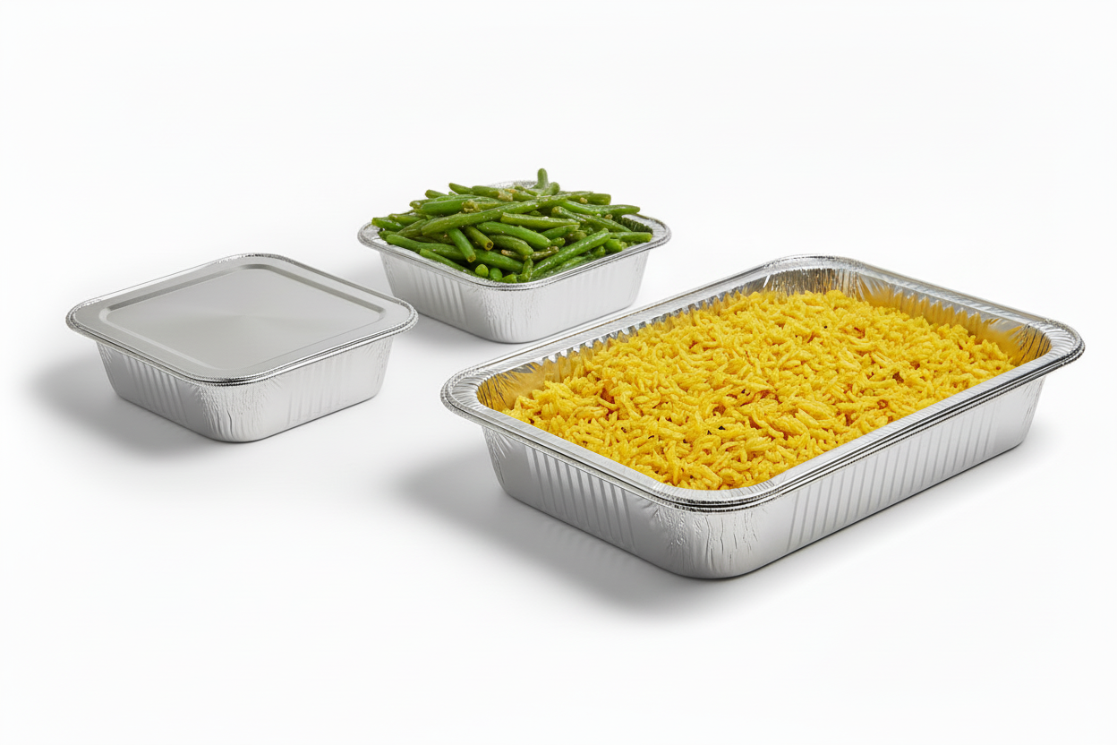1 half tray covered with aluminum lid, 1 half tray with sauteed green beans the full tray with turmeric rice