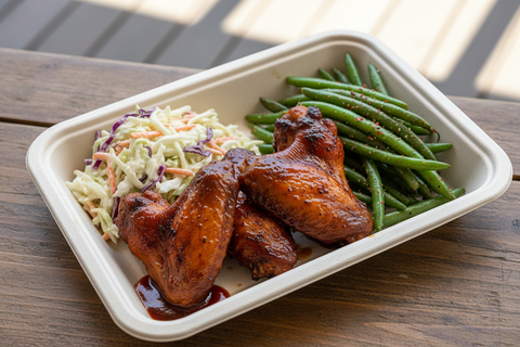 4 bbq smoked whole chicken wings in rectangular world centric compostable tray with side of cole slaw and sauteed seasoned green beans