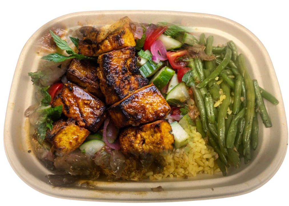 Grilled Tofu Shawarma with Pillau (ginger-cardamom) rice and Sauteed Kale