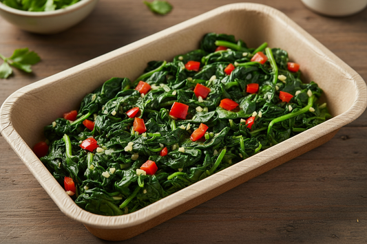 full cooked sauteed chopped Spinach with ginger, garlic and diced  red peppers ion a rectangular compostable tray 