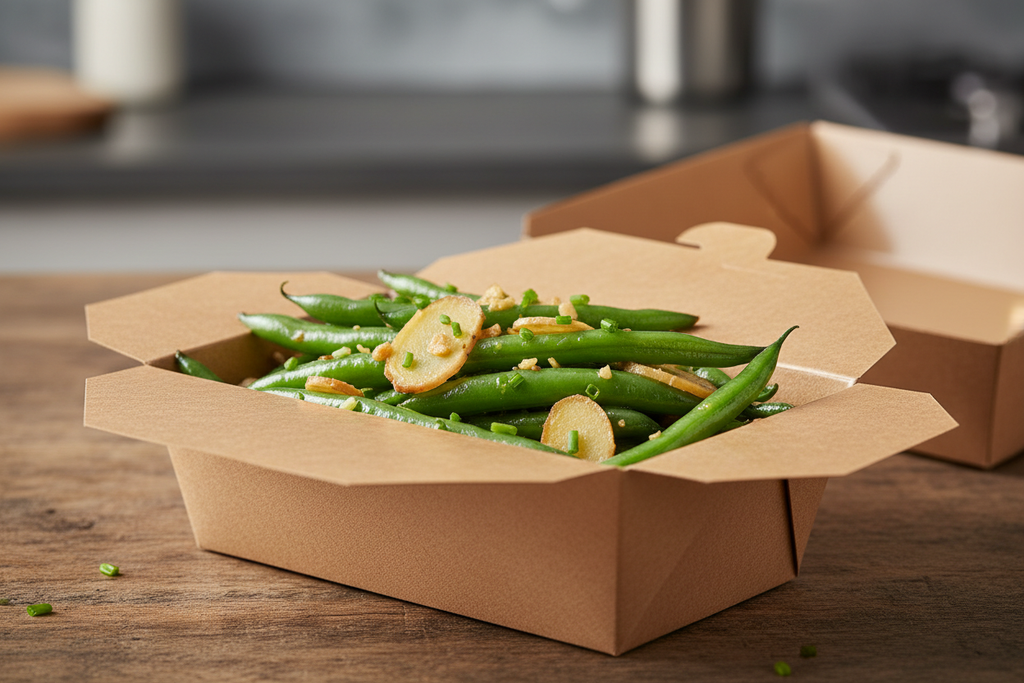 ginger garlic green beans in paperboard take out container foldable closing flaps no sesame