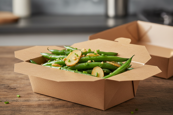 ginger garlic green beans in paperboard take out container foldable closing flaps no sesame