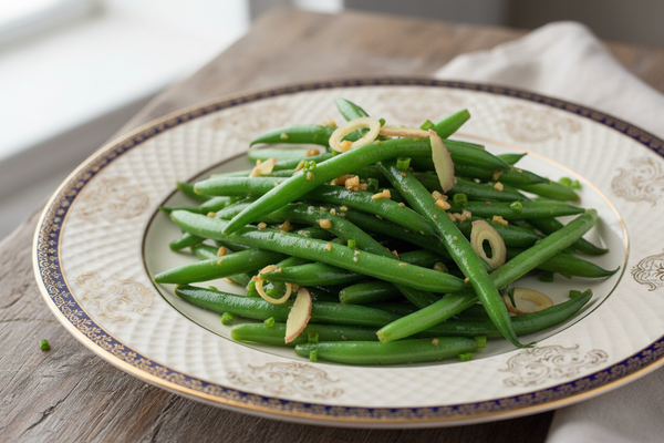 ginger garlic green beans on decorative plate
