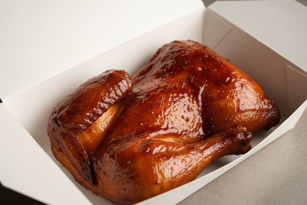 smoked bbq chicken, no grill lines cut from top of breat to tail show wing to leg quarter